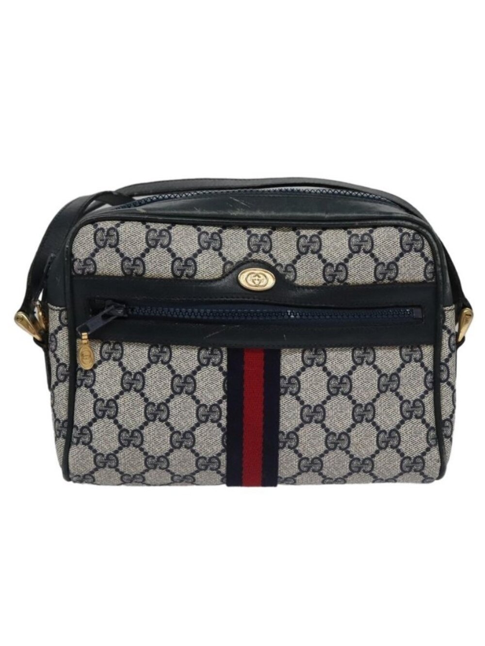 Authentic GUCCI GG Supreme Sherry Line Shoulder Bag PVC Leather Navy Red - Picture 5 of 16